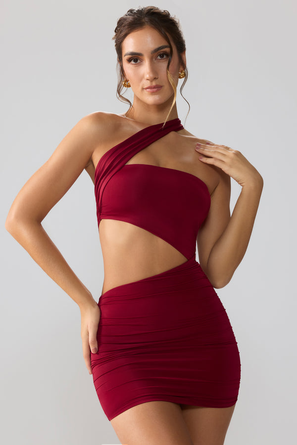 Slinky Jersey Ruched Cut Out Mini Dress in Ruby - 1