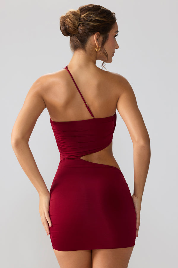 Slinky Jersey Ruched Cut Out Mini Dress in Ruby - 2