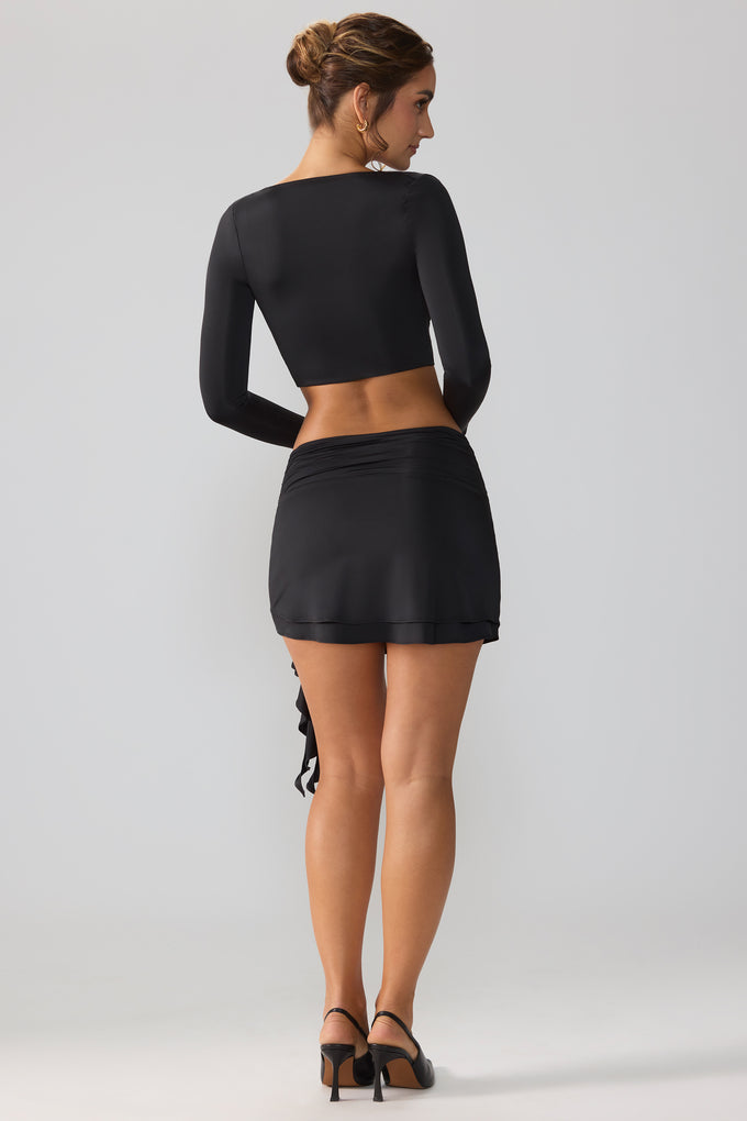 Slinky Jersey Mid Rise Ruffle Layer Mini Skirt in Black