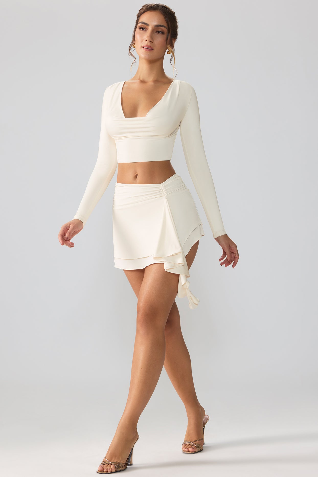Slinky Jersey Mid Rise Ruffle Layer Mini Skirt in Ivory - 6
