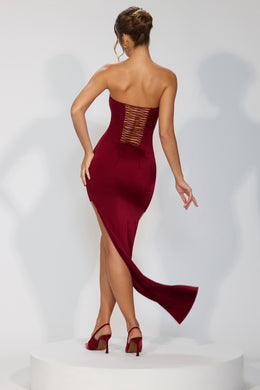 Mini sukienka z dżerseju premium, sznurowana na plecach i trenem w kolorze rubinowym