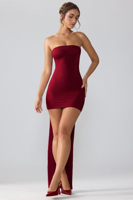 Mini sukienka z dżerseju premium, sznurowana na plecach i trenem w kolorze rubinowym