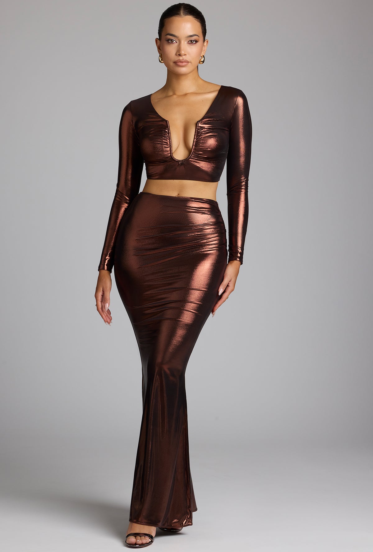 ⁣⁢Mid Rise Metallic Jersey Maxi Rock in Kupfer Bronze⁤⁣