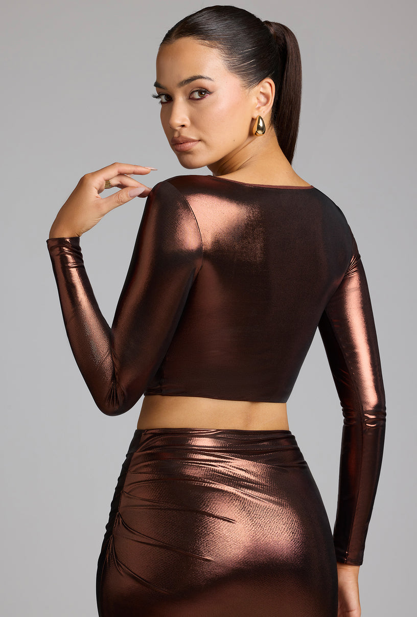 Plunge Neck Metallic Jersey Crop Top in Copper Bronze - 2
