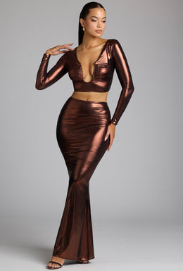 Mid Rise Metallic Jersey Gown Skirt in Copper Bronze