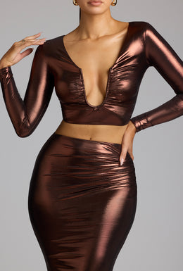 Mid Rise Metallic Jersey Gown Skirt in Copper Bronze