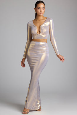 Mid Rise Metallic Jersey Gown Skirt in Light Gold