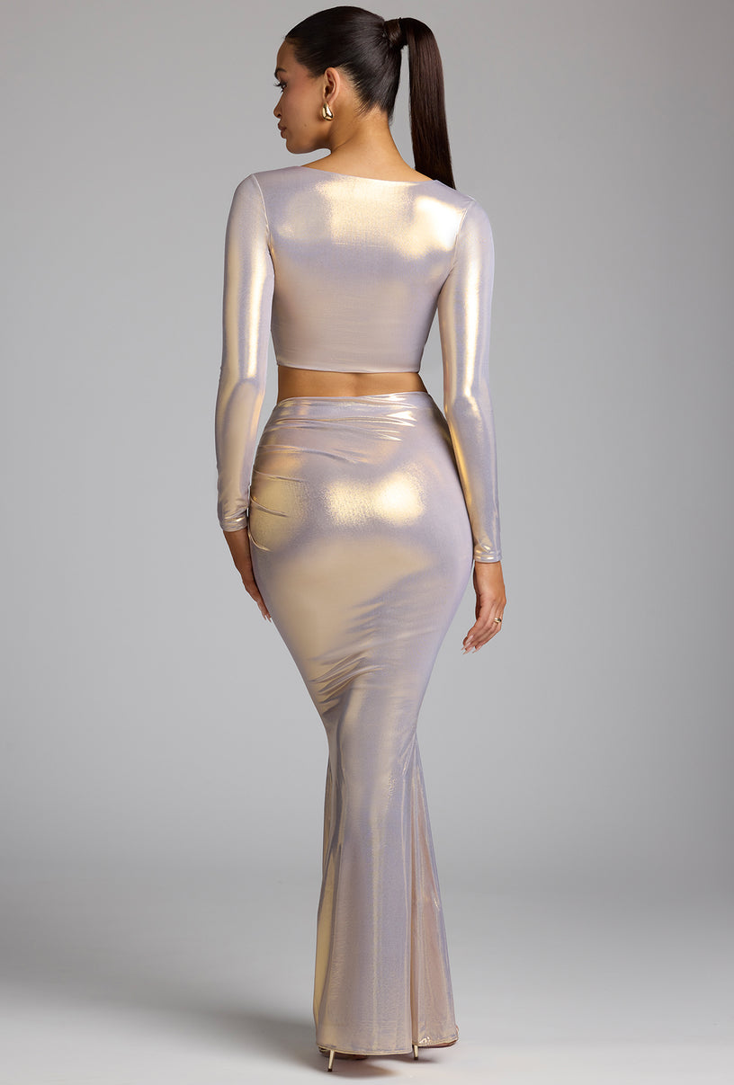 Mid Rise Metallic Jersey Gown Skirt in Light Gold - 2