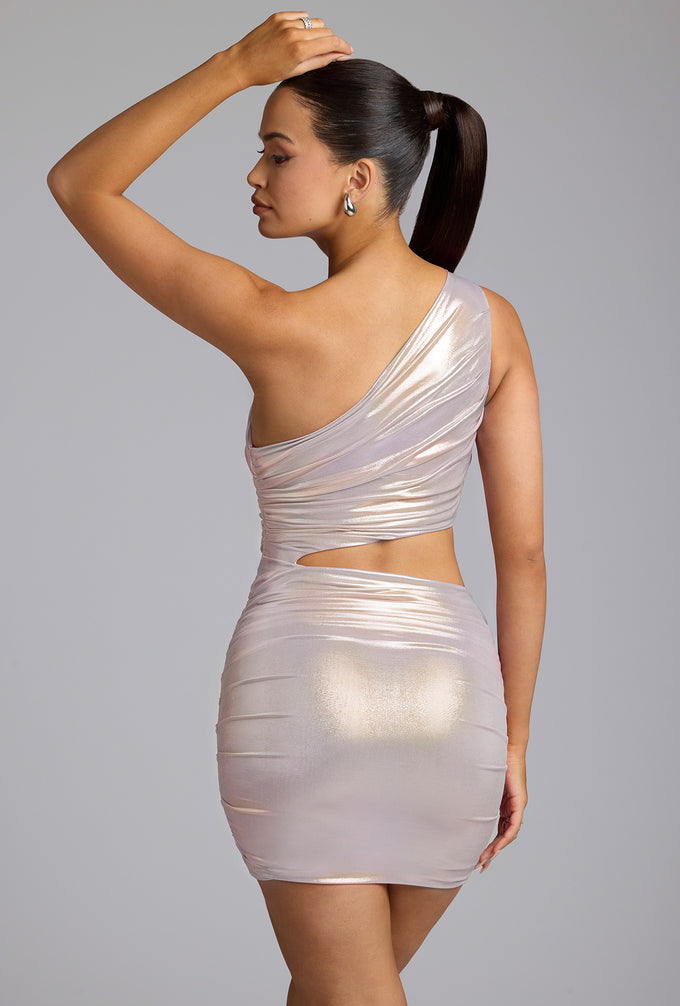Dżersejowa mini sukienka na jedno ramię w kolorze jasnego złota