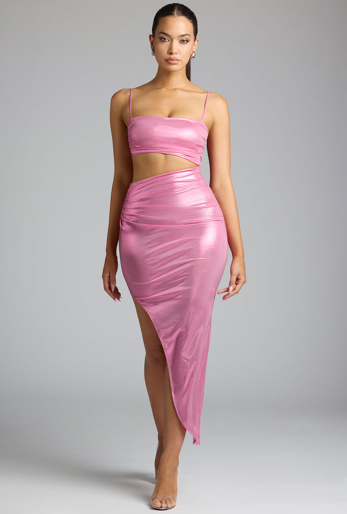 Drapowana sukienka maxi z metalicznego dżerseju w kolorze różowego różu