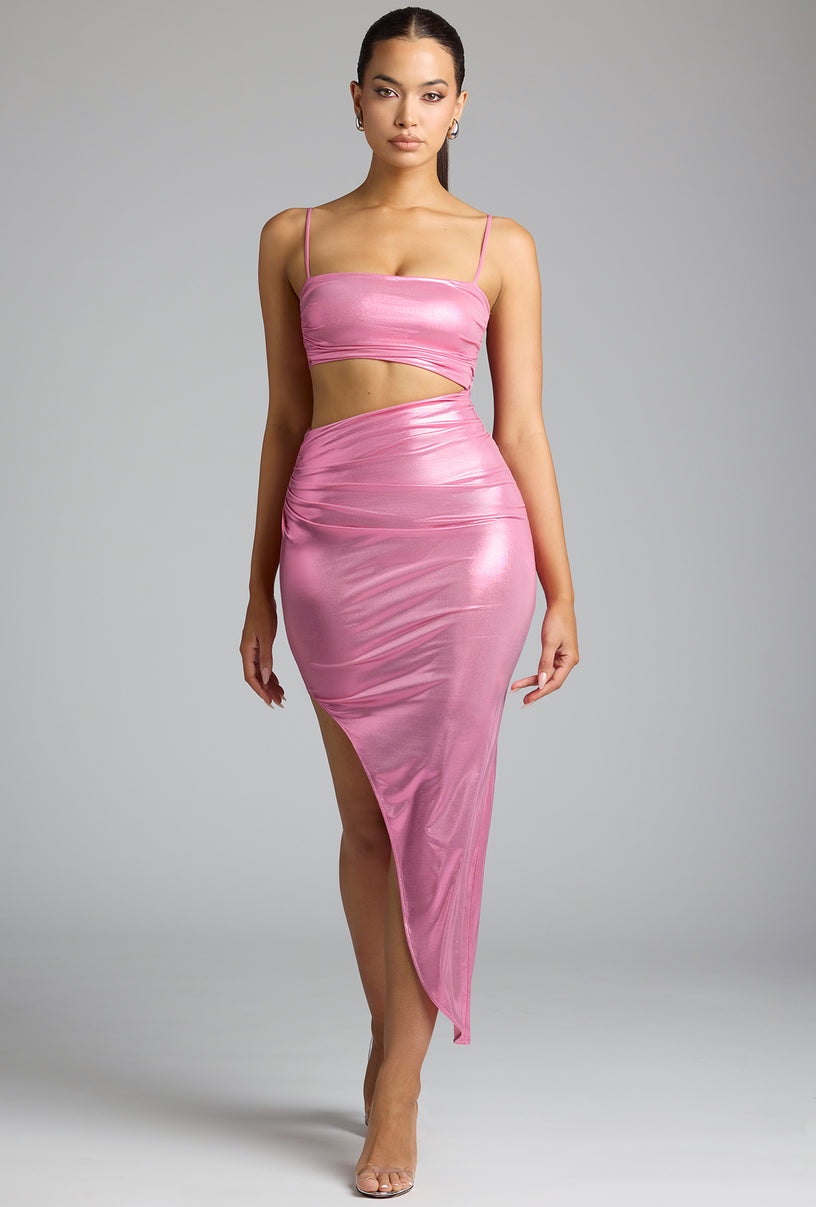 Draped Metallic Jersey Maxi Dress in Rose Pink - 1