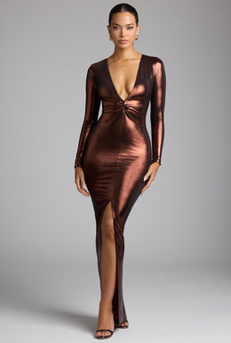 Long Sleeve Metallic Jersey Evening Gown in Copper Bronze
