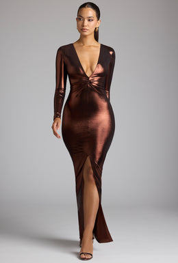 Long Sleeve Metallic Jersey Evening Gown in Copper Bronze