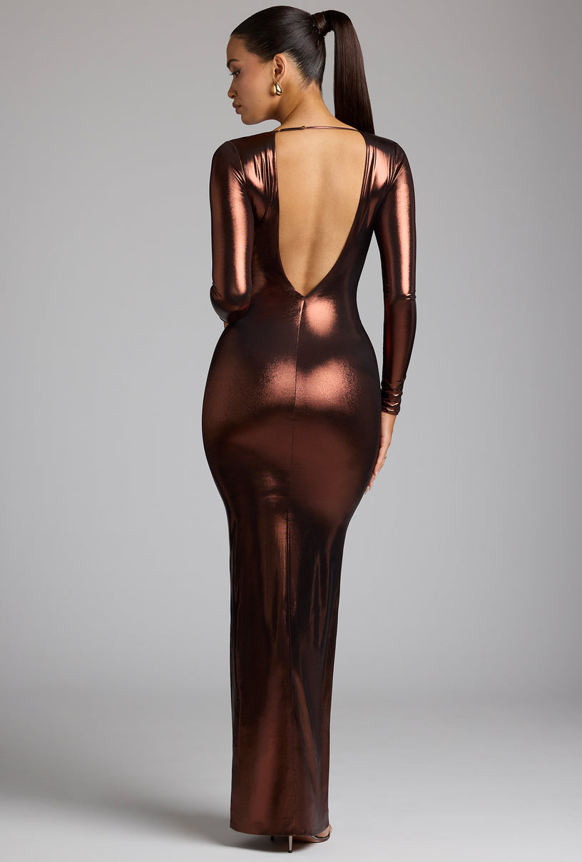 Long Sleeve Metallic Jersey Evening Gown in Copper Bronze - 2