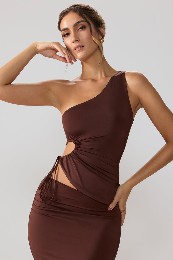 Slinky Jersey Ruched Cut Out One Shoulder Top in Espresso