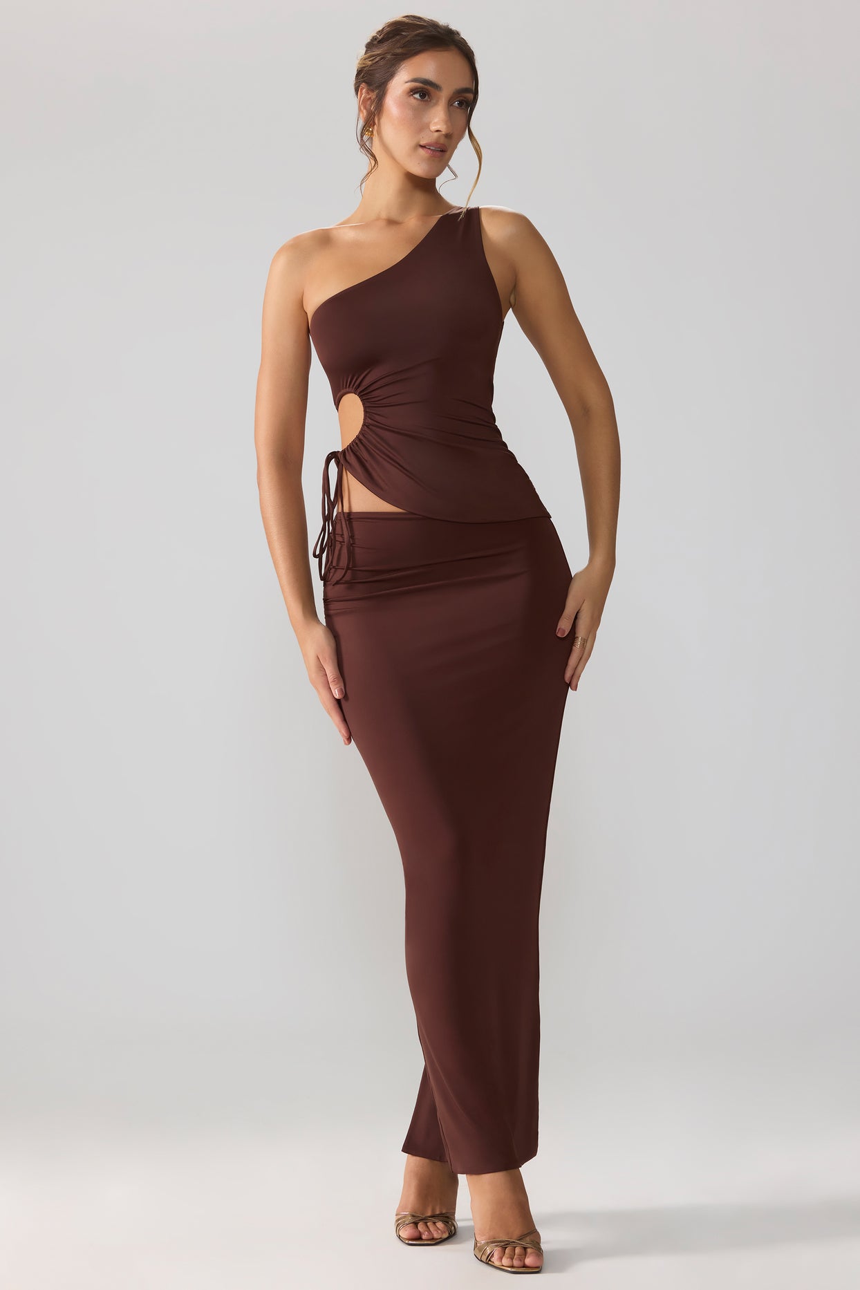 Rowan Slinky Jersey Asymmetric Waist Maxi Skirt in Brown | Oh Polly