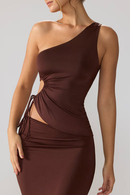 Slinky Jersey Ruched Cut Out One Shoulder Top in Espresso