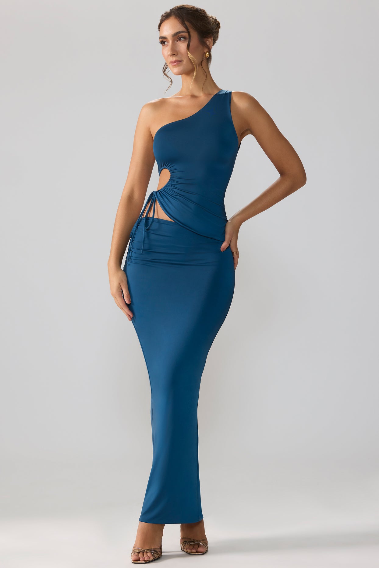 Slinky Jersey Asymmetric Waist Maxi Skirt in Midnight Blue - 4