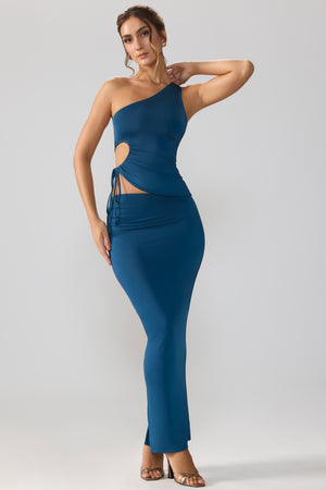 Slinky Jersey Asymmetric Waist Maxi Skirt in Midnight Blue