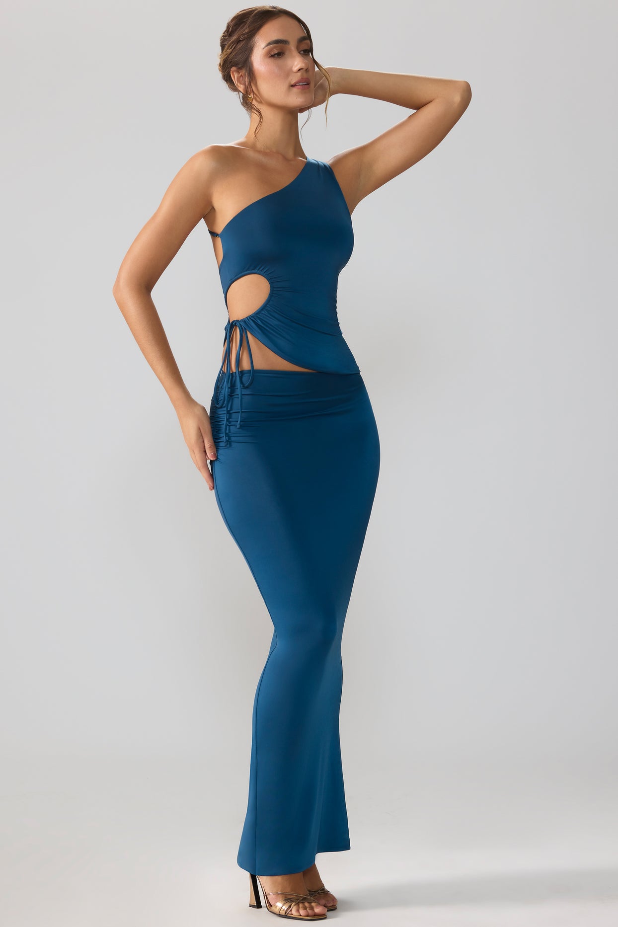 Slinky Jersey Asymmetric Waist Maxi Skirt in Midnight Blue - 5
