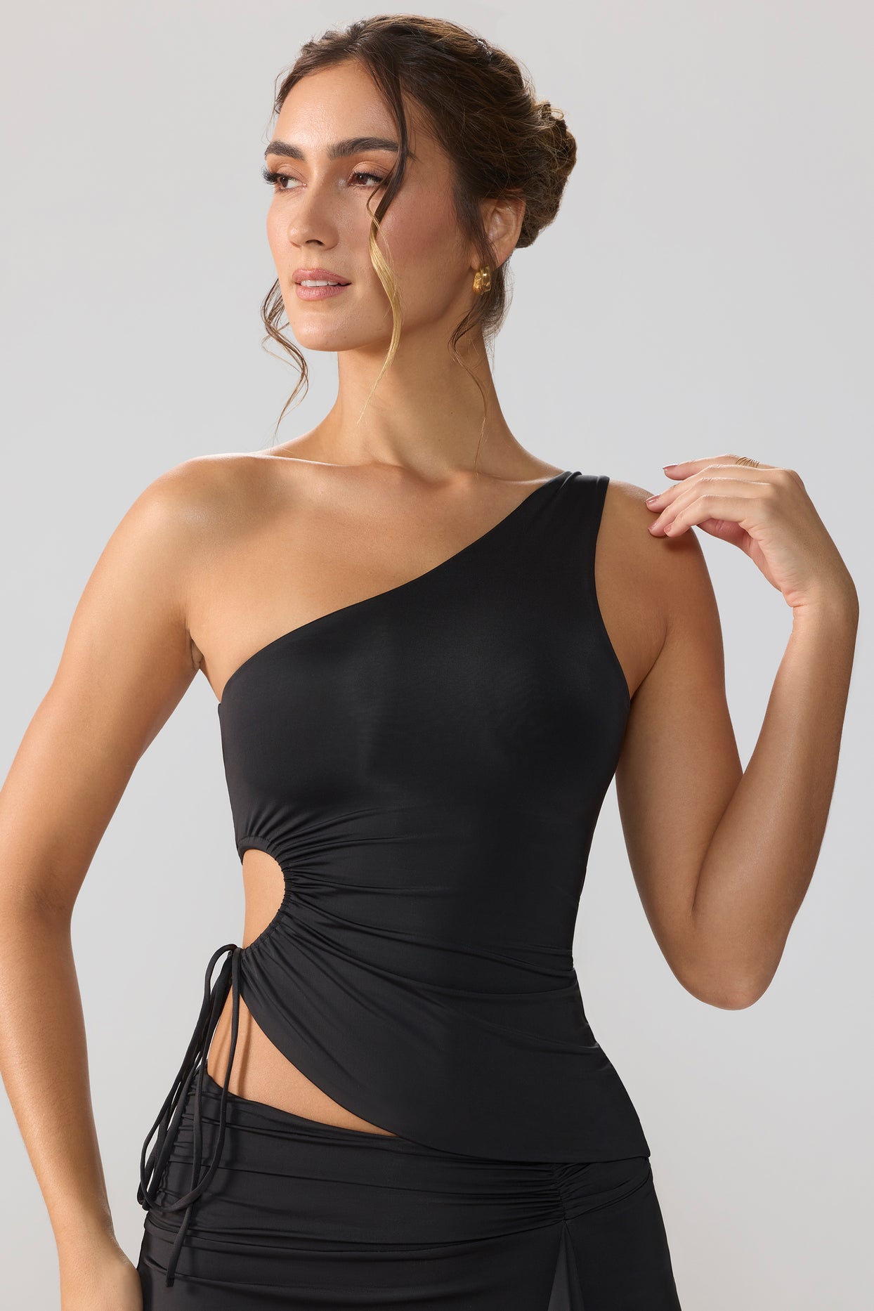 Slinky Jersey Ruched Cut Out One Shoulder Top in Black