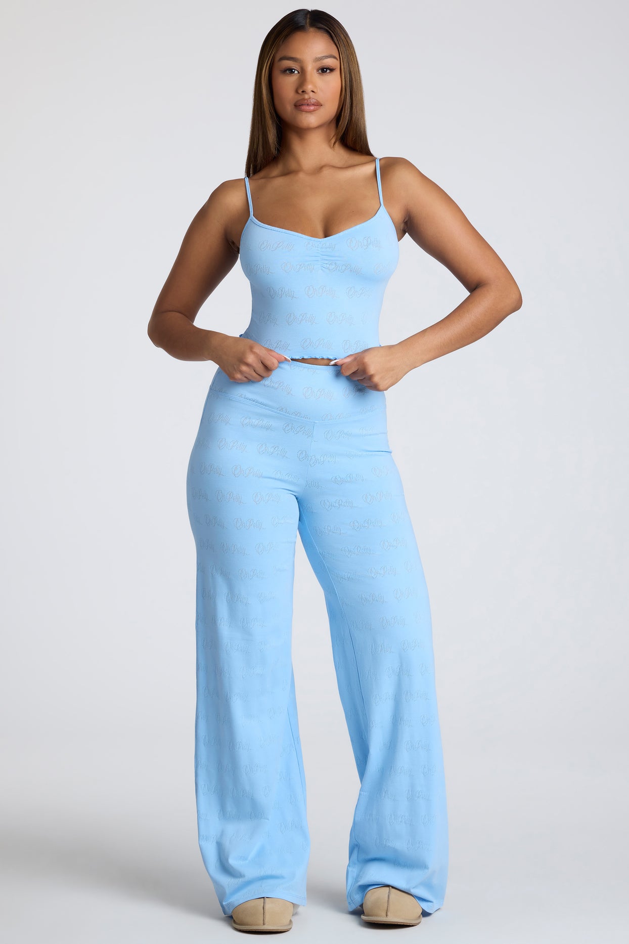 Tall Mid Rise Straight Leg Pointelle Trousers in Baby Blue