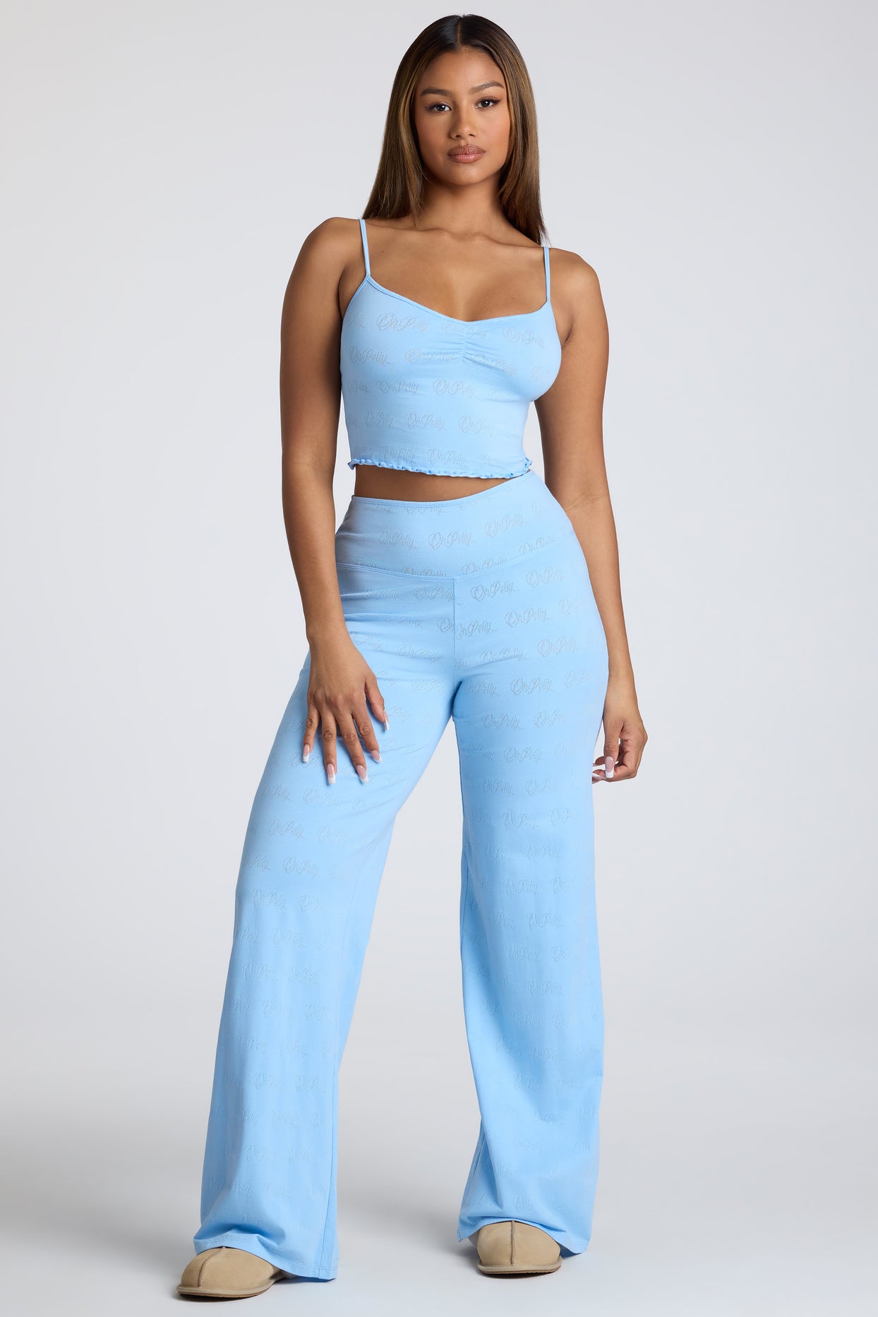 Tall Mid Rise Straight Leg Pointelle Trousers in Baby Blue