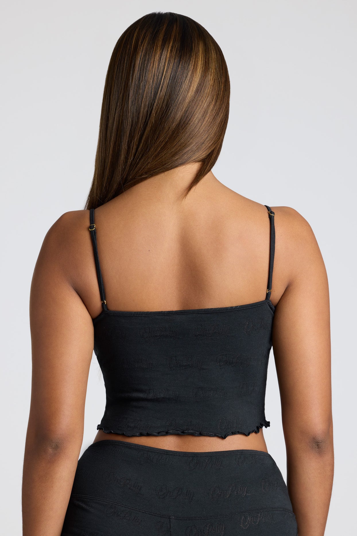 Strappy Ruched Pointelle Crop Top in Black - 2