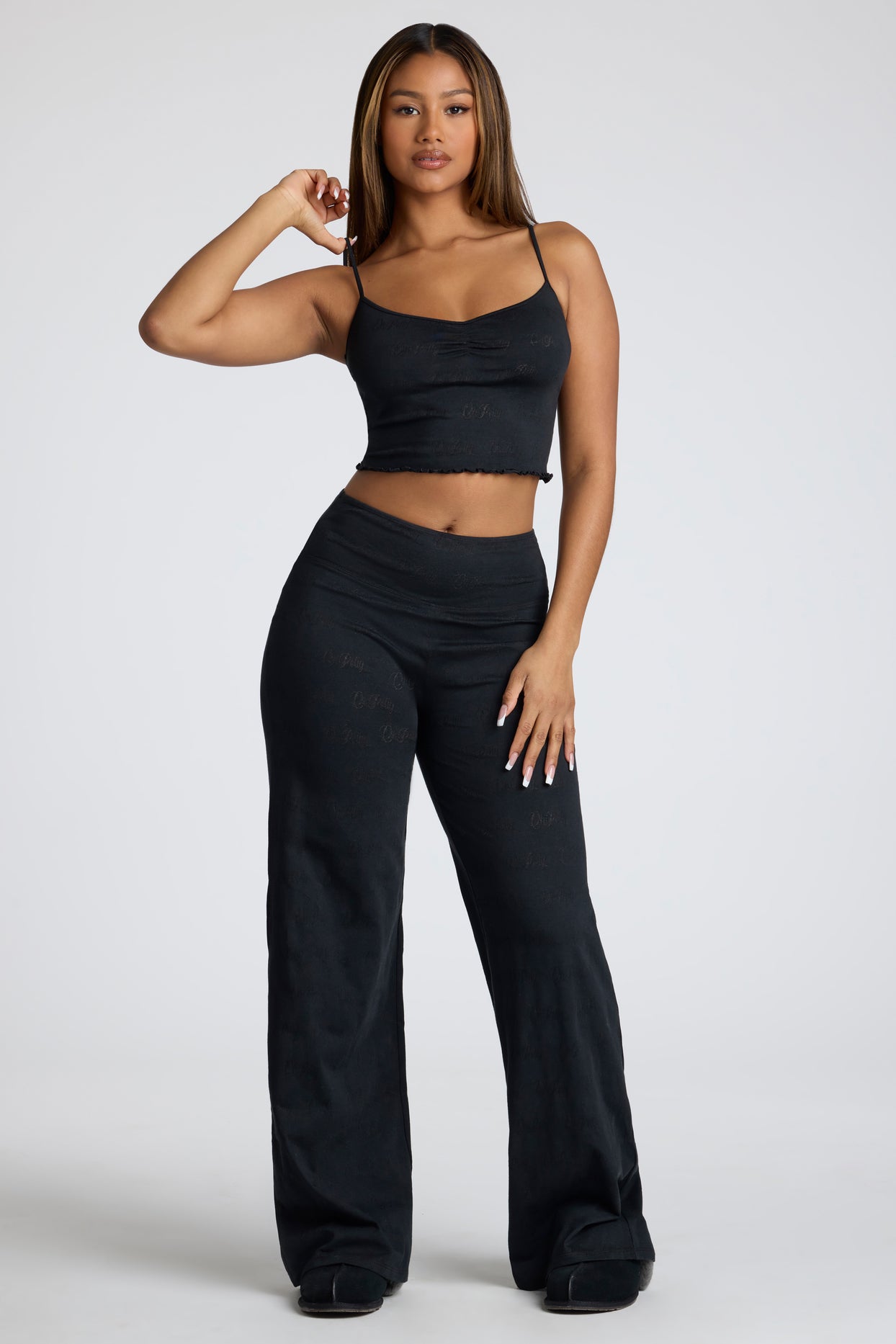 Tall Mid Rise Straight Leg Pointelle Trousers in Black