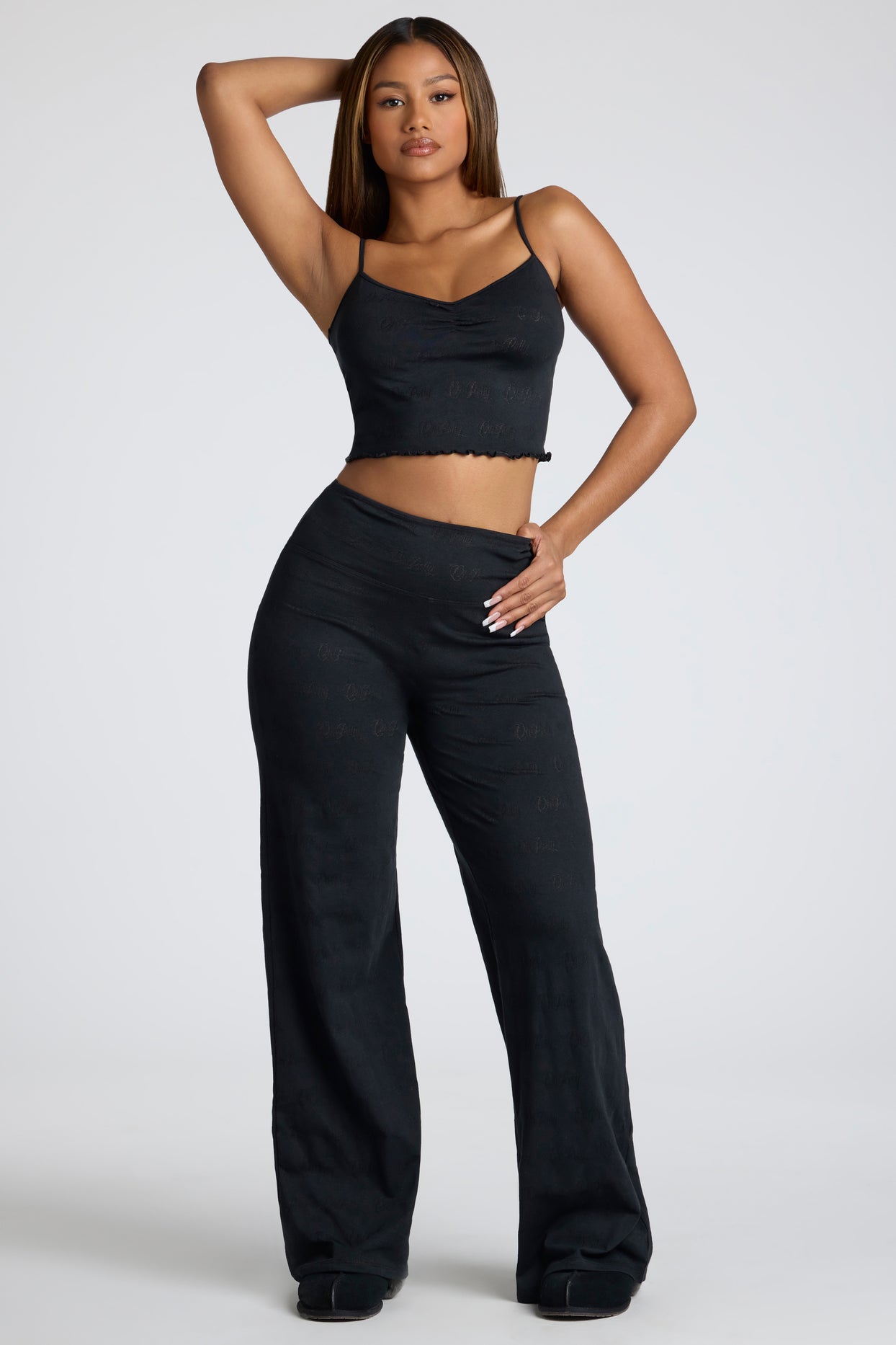 Strappy Ruched Pointelle Crop Top in Black