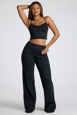 Tall Mid Rise Straight Leg Pointelle Trousers in Black