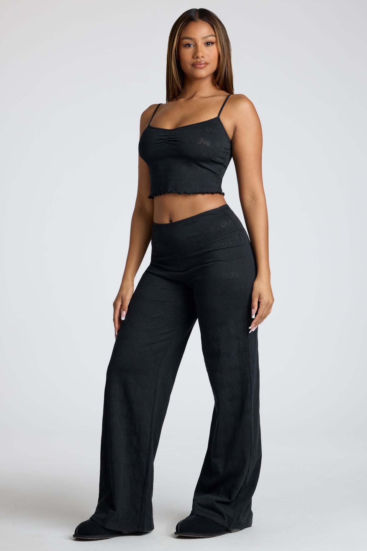Strappy Ruched Pointelle Crop Top in Black - 9