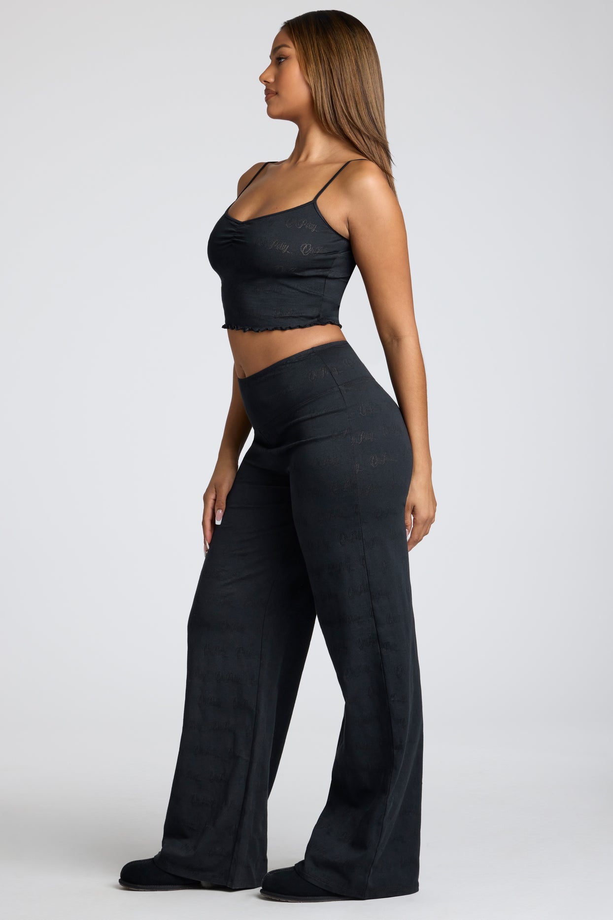 Petite Mid Rise Straight Leg Pointelle Trousers in Black