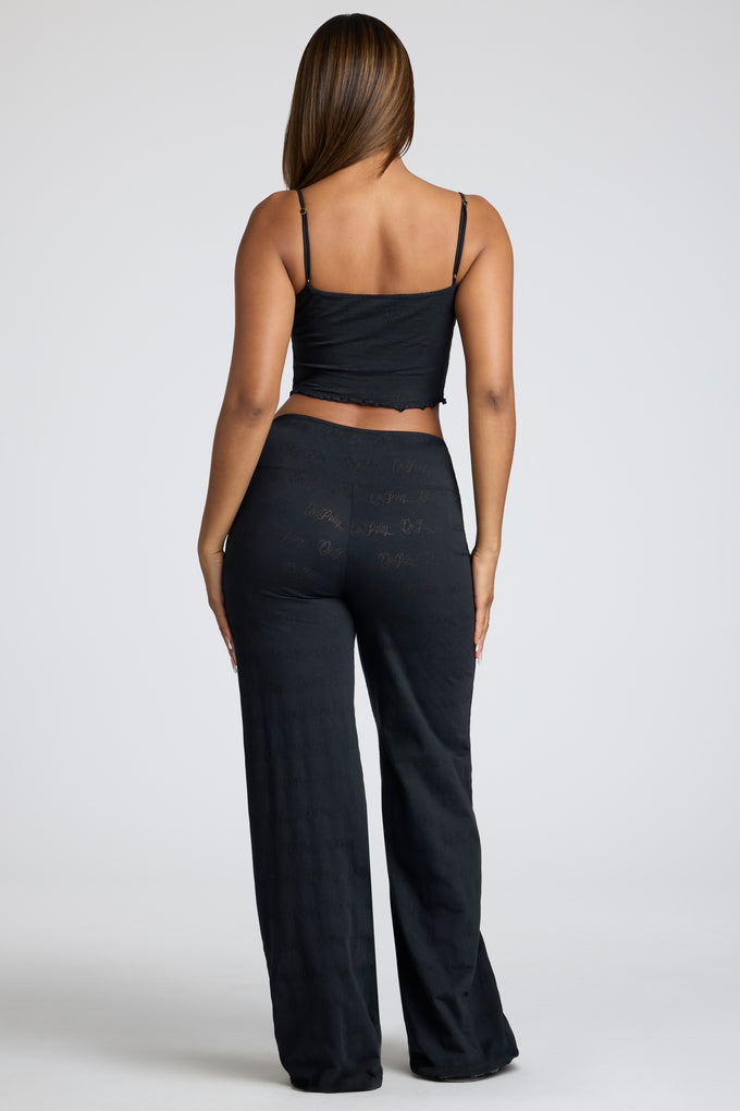 Petite Mid Rise Straight Leg Pointelle Trousers in Black