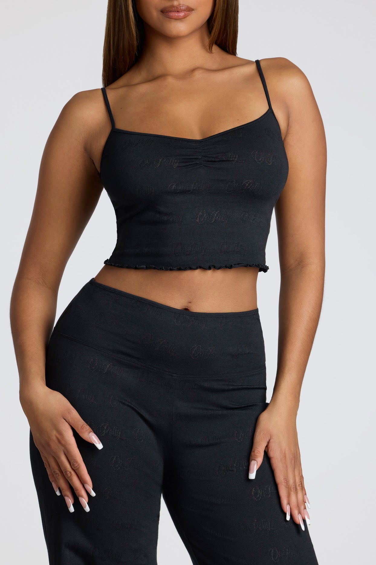Strappy Ruched Pointelle Crop Top in Black - 5