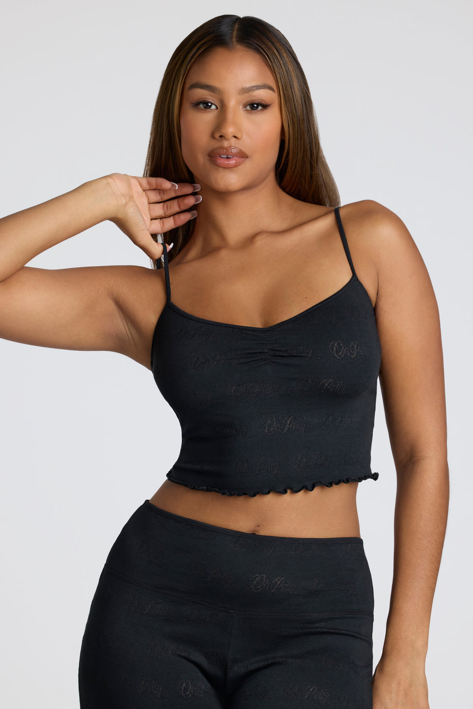 Strappy Ruched Pointelle Crop Top in Black - 1