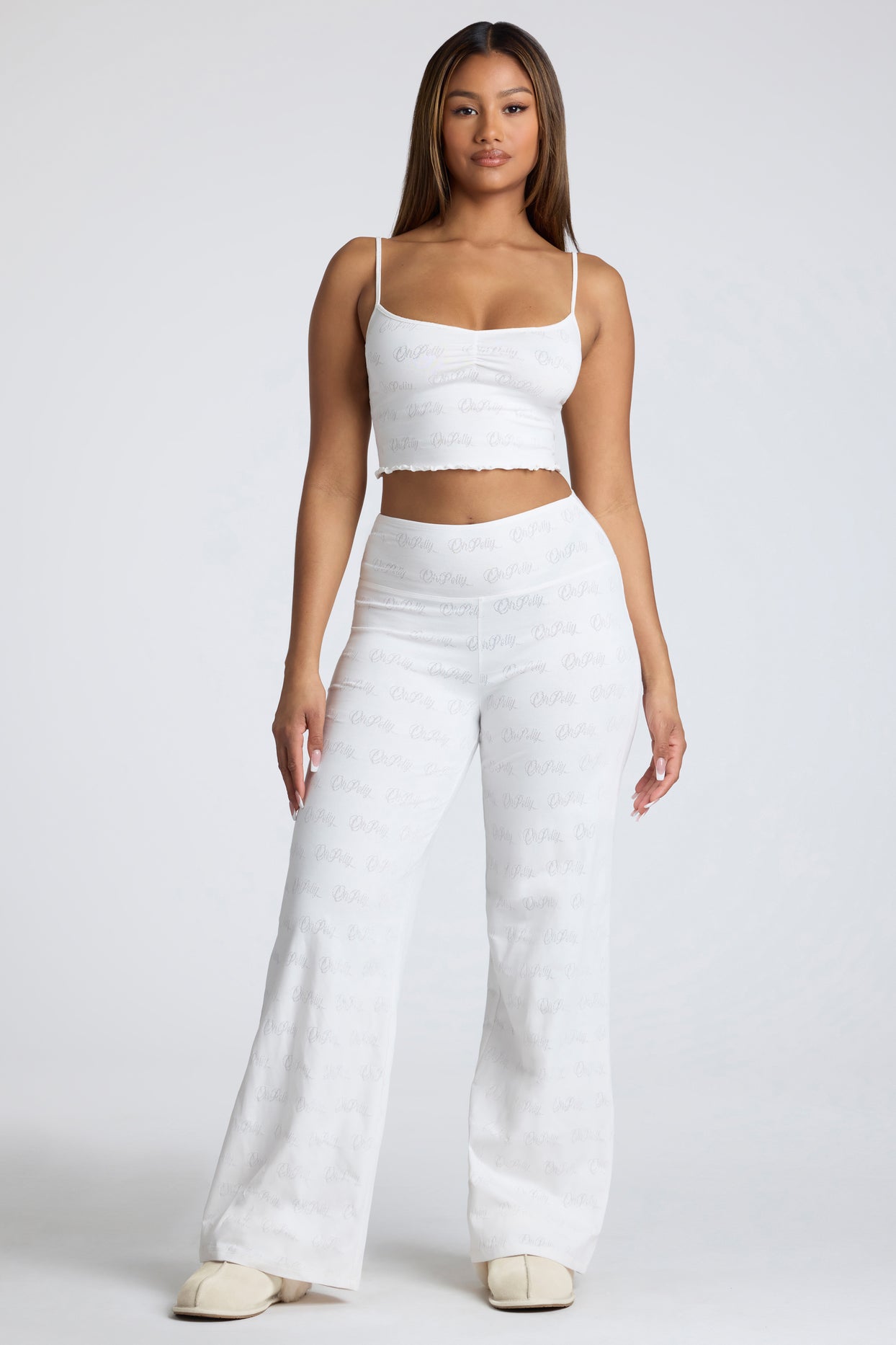 Mid Rise Straight Leg Pointelle Trousers in White