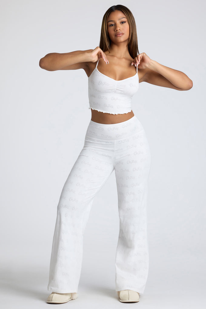 Petite Mid Rise Straight Leg Pointelle Trousers in White