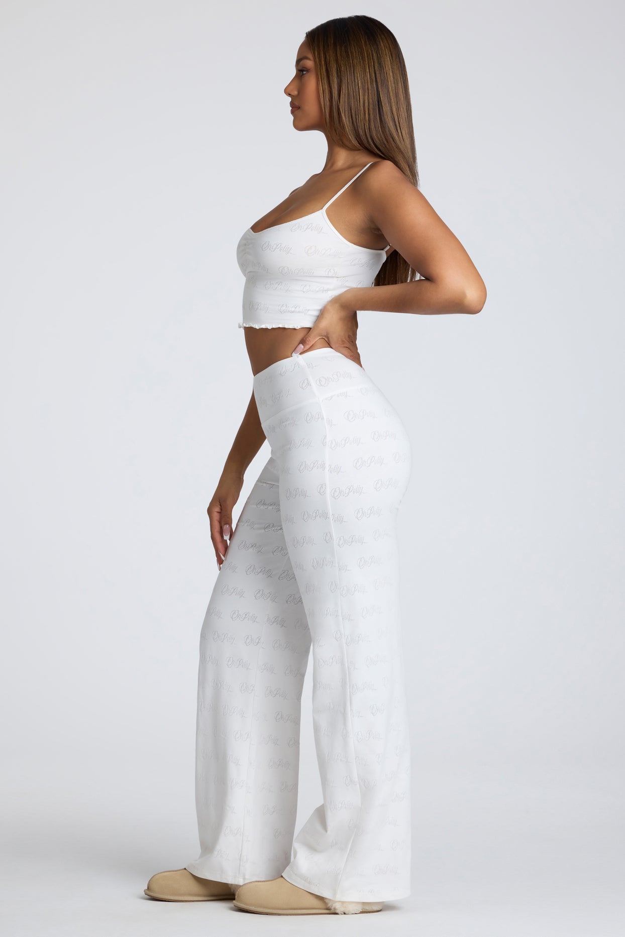 Mid Rise Straight Leg Pointelle Trousers in White - 3