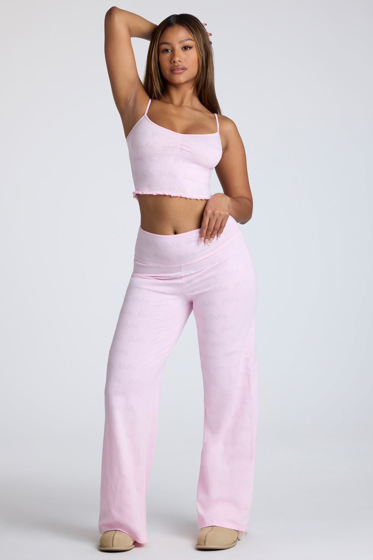 Tall Mid Rise Straight Leg Pointelle Trousers in Baby Pink - 1