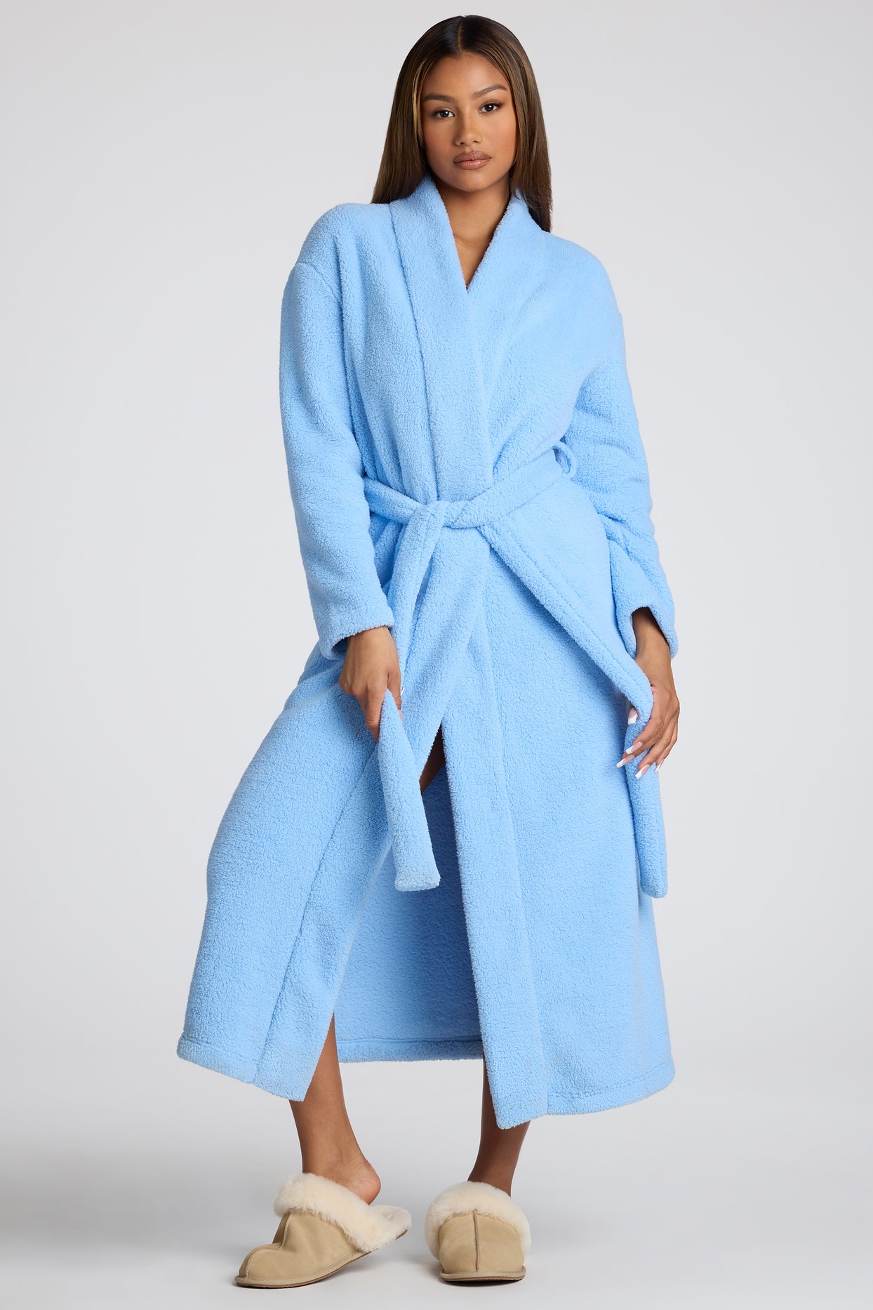 Tie Front Fleece Robe in Baby Blue