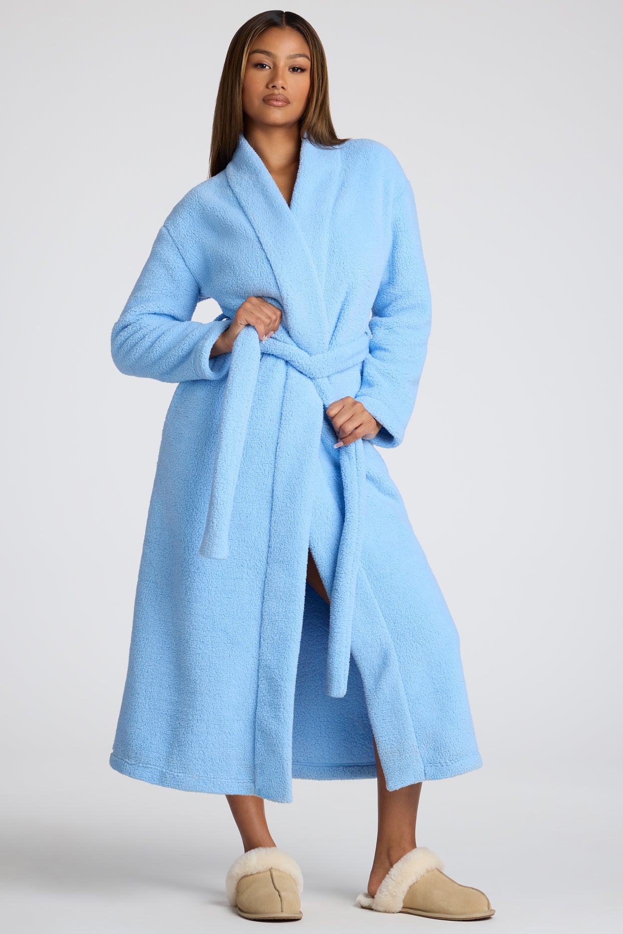 Loungewear Tie Front Fleece Robe in Baby Blue | Oh Polly