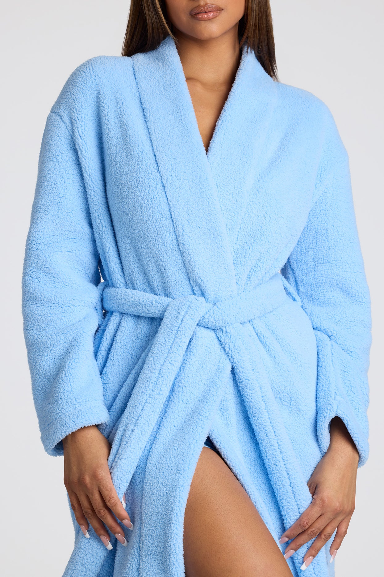 Loungewear Tie Front Fleece Robe in Baby Blue | Oh Polly