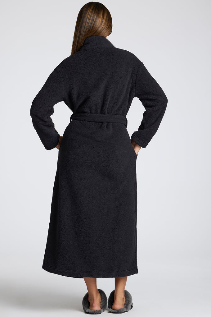 Tie Front Fleece Robe in Black