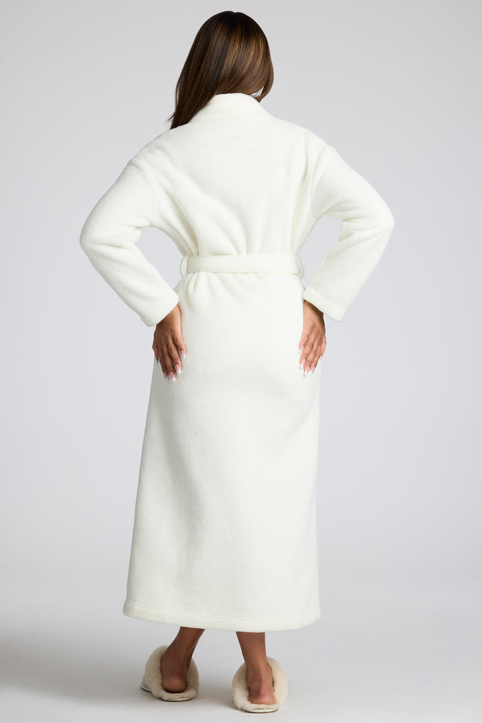 Tie Front Fleece Robe in White