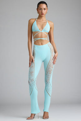 Tall Embellished Mid-Rise Flared Trousers in Ice Blue