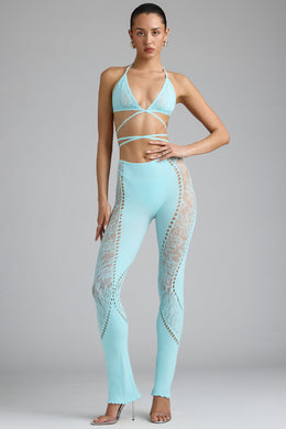 Petite Embellished Mid-Rise Flared Trousers in Ice Blue