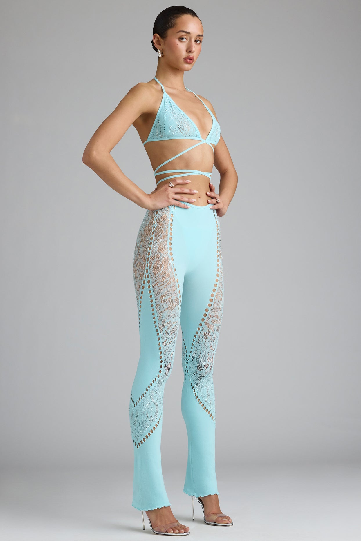 Embellished Mid-Rise Flared Trousers in Ice Blue - 7