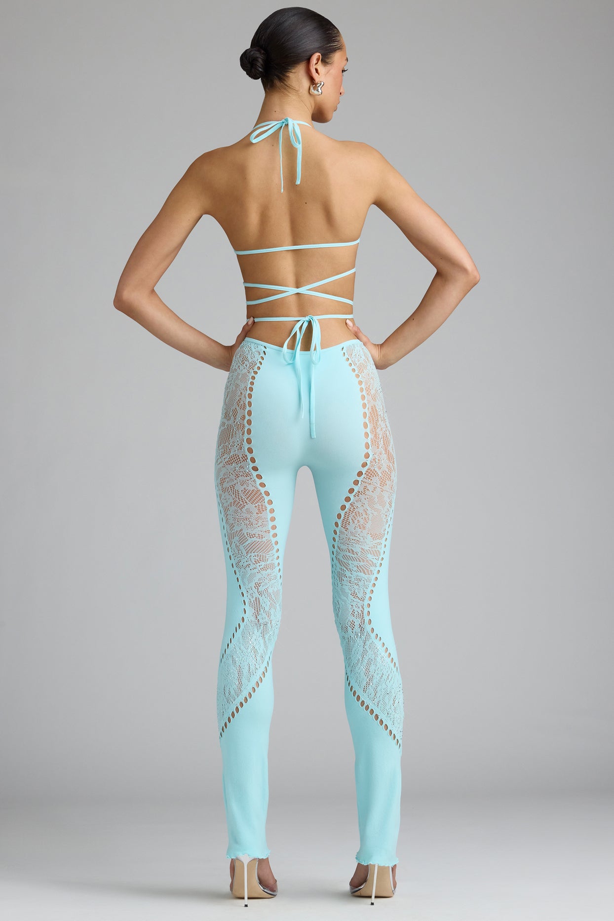 Embellished Mid-Rise Flared Trousers in Ice Blue - 4