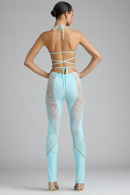 Tall Embellished Mid-Rise Flared Trousers in Ice Blue